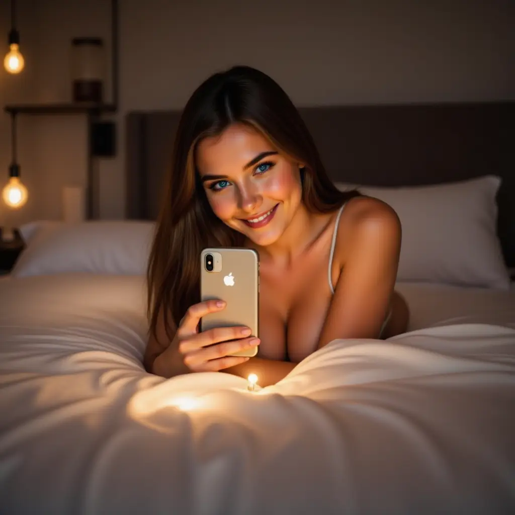 she is smiling framed in a softly lit evening scene lying across a bed with her upper body slightly 499be8c0 0de6 472a 83ea 54c8145b4aca